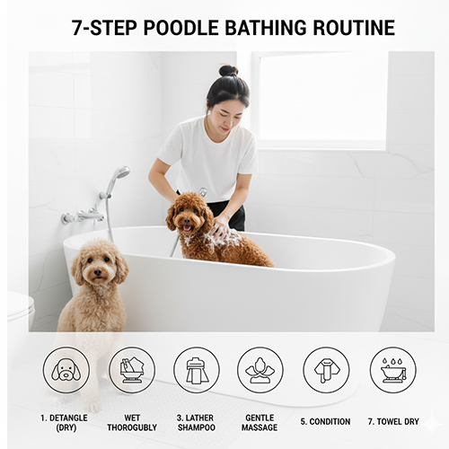 Quy trình tắm Poodle chuẩn 7 bước: gỡ rối khô, làm ướt, pha loãng dầu gội, massage, xả sạch, dùng dầu xả, khăn thấm