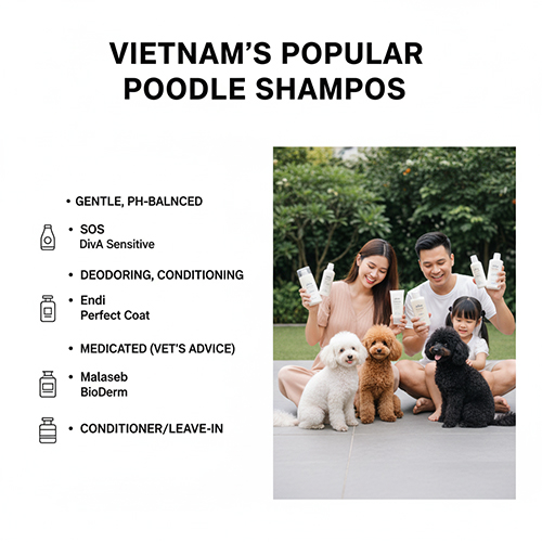 Gia đình cùng ba chú chó Poodle nhiều màu lông, giới thiệu các dòng sữa tắm phổ biến tại Việt Nam như SOS, DivA, Endi, Perfect Coat, Malaseb, BioDerm