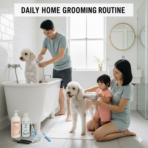 Gia đình tắm, sấy và chăm sóc vệ sinh cho chó Poodle trong phòng tắm tại nhà