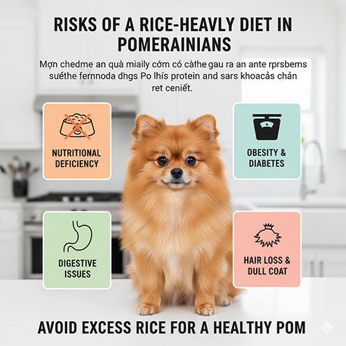 Infographic cảnh báo về những rủi ro sức khỏe khi chó Phốc Sóc ăn quá nhiều cơm, bao gồm thiếu chất, béo phì, rối loạn tiêu hóa và rụng lông.
