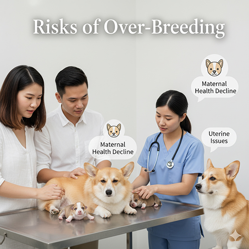 Rủi ro khi cho Corgi đẻ quá nhiều: sức khỏe suy giảm, bệnh tử cung, con yếu, giảm tuổi thọ sinh sản và stress tâm lý.
