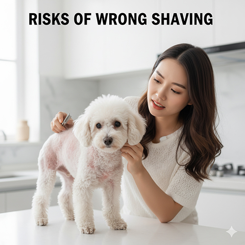 Chó Poodle trắng bị cạo loang lổ, da hồng lộ rõ – minh họa rủi ro khi cạo lông sai cách