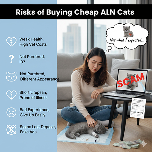 Cô gái thất vọng ôm mèo bệnh bên laptop hiện chữ SCAM, minh họa rủi ro mua mèo Anh lông ngắn giá sinh viên/giá rẻ.