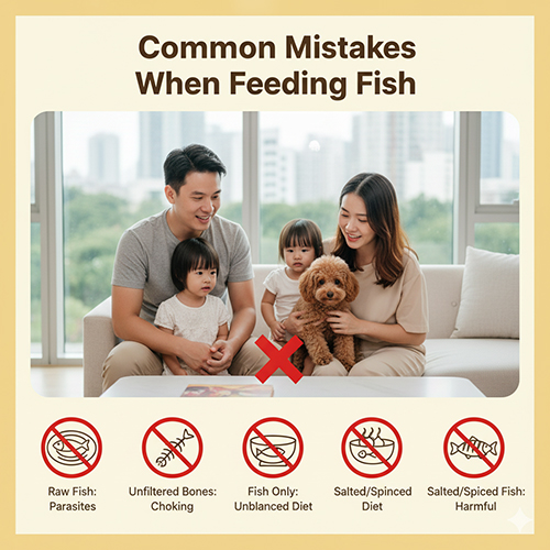 Sai lầm thường gặp khi cho Poodle ăn cá – cá sống, nhiều xương, cá ngừ quá nhiều, cá mặn tẩm gia vị