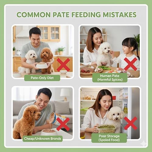 Sai lầm thường gặp khi cho chó Poodle ăn pate – chỉ ăn pate, dùng pate của người, mua pate rẻ, bảo quản sai cách