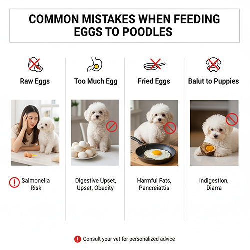Sai lầm thường gặp khi cho Poodle ăn trứng – trứng sống, quá nhiều trứng, trứng chiên dầu mỡ, trứng vịt lộn cho chó con