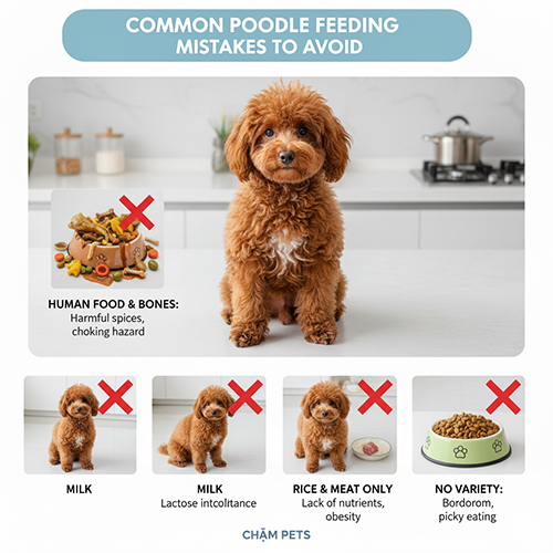 Sai lầm phổ biến khi cho chó Poodle ăn: cơm thịt đơn điệu, đồ thừa, xương nhiều, sữa bò, không đổi món