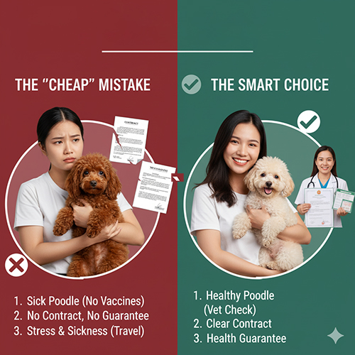 So sánh sai lầm khi chọn phối giống Poodle giá rẻ và lựa chọn thông minh có hợp đồng, bảo hành, kiểm tra thú y