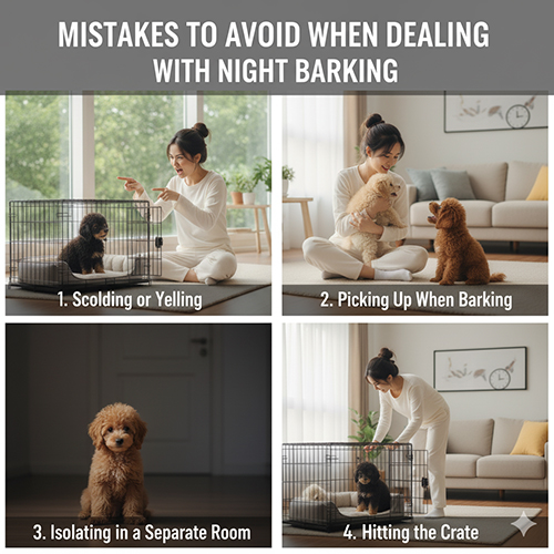 Sai lầm khi xử lý Poodle con sủa đêm: quát mắng, bế ra khi sủa, cách ly hoặc gõ vào chuồng