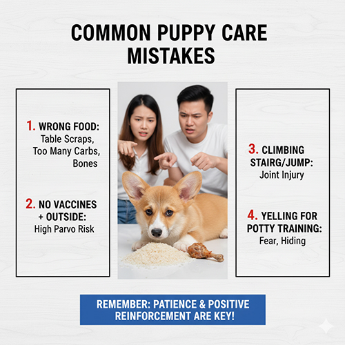 Các sai lầm phổ biến khi nuôi chó Corgi con như cho ăn sai cách, chưa tiêm phòng, leo cầu thang và huấn luyện bằng quát mắng