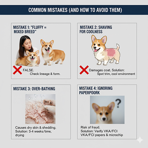 Các sai lầm phổ biến khi nuôi Corgi như nhầm Fluffy là lai, cạo sát lông, tắm quá dày, bỏ qua giấy tờ
