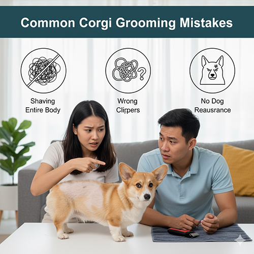 Sai lầm khi cắt cạo lông chó Corgi: cạo sát toàn thân, dùng tông đơ sai, không sấy khô, cắt quá ngắn, thiếu trấn an