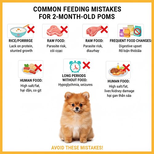 Infographic cảnh báo về những sai lầm thường gặp khi cho chó Phốc Sóc 2 tháng tuổi ăn, bao gồm cho ăn cơm/cháo, đồ sống, để đói lâu, thức ăn của người và thay đổi thức ăn liên tục, với các biểu tượng và chú thích rõ ràng.