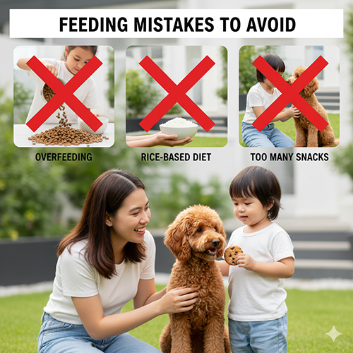 Sai lầm khi cho chó Poodle ăn – cho ăn quá nhiều, thay thịt bằng cơm, quá nhiều snack, thay đổi khẩu phần đột ngột.