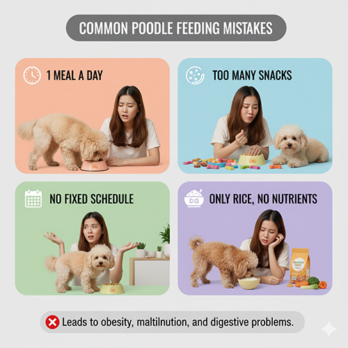 Sai lầm khi cho chó Poodle ăn – ăn 1 bữa, quá nhiều snack, không cố định giờ, chỉ ăn cơm