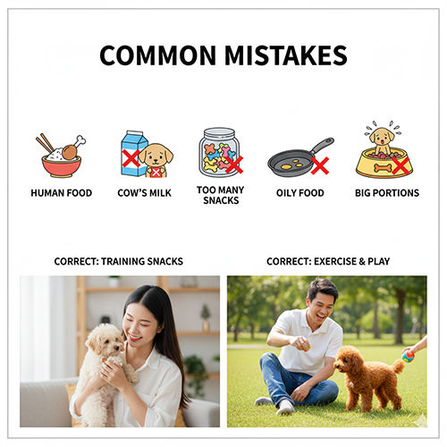 Sai lầm thường gặp khi cho Poodle con ăn – thức ăn người, sữa bò, snack, dầu mỡ và khẩu phần lớn