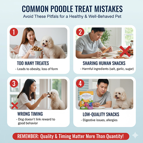 Sai lầm khi cho Poodle ăn bánh thưởng – ăn quá nhiều, dùng snack của người, thưởng sai lúc, chọn snack kém chất lượng.