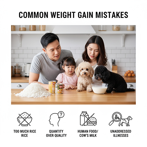 Sai lầm khi cho Poodle tăng cân – ăn nhiều cơm, thiếu đạm, lạm dụng sữa bò, thức ăn người, bỏ qua bệnh lý tiềm ẩn.