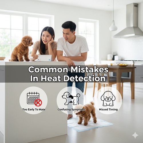 Sai lầm thường gặp khi nhận biết Poodle động dục: phối quá sớm, nhầm với bệnh tiết niệu, bỏ lỡ thời điểm vàng, phối liên tục nhiều lứa.