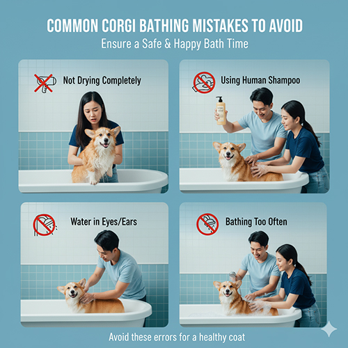 Sai lầm thường gặp khi tắm cho chó Corgi: tắm quá thường xuyên, dùng sữa tắm người, không sấy khô