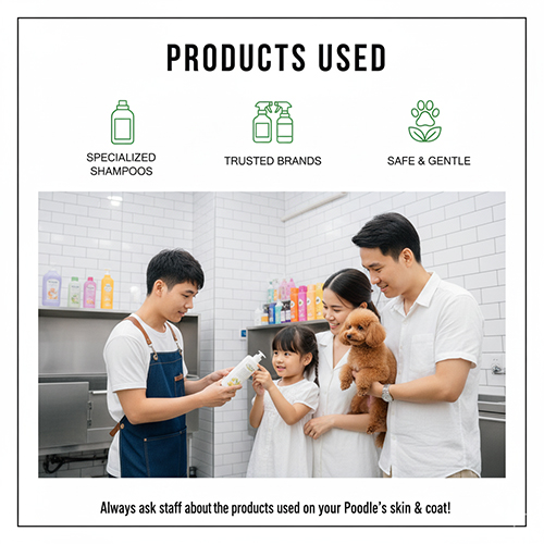 Sản phẩm spa cho chó Poodle gồm sữa tắm chuyên biệt, dưỡng lông, serum và xịt khử mùi an toàn