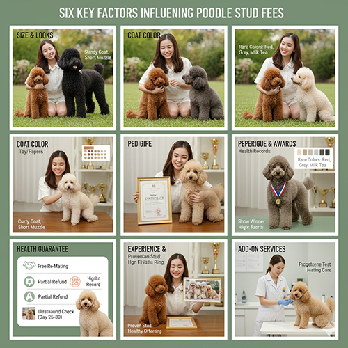 Sáu yếu tố ảnh hưởng đến giá phối giống chó Poodle: size, màu lông, phả hệ, thành tích, bảo hành đậu và dịch vụ kèm