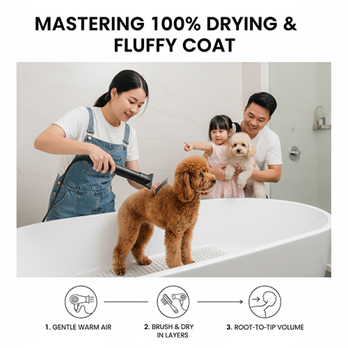 Sấy khô 100% và dựng chân lông cho Poodle: gió vừa, chải theo lớp, lông tơi bồng từ gốc đến ngọn