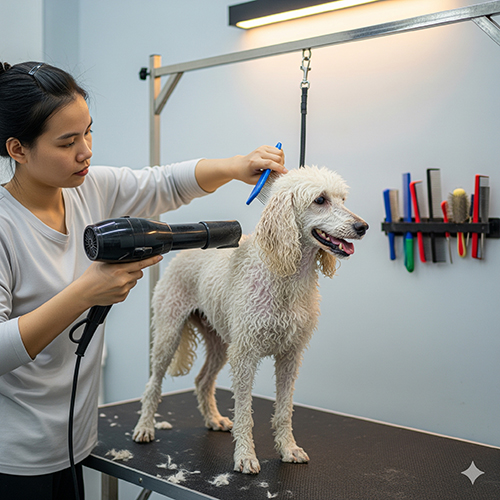 Sấy lông chó Poodle sau khi tắm – bước quan trọng để giữ lông bông xù và ngăn ẩm mốc