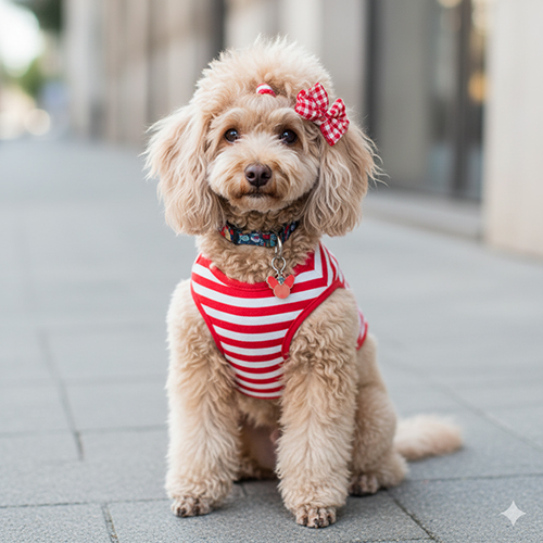 Chó Poodle kiểu Scandinavian với phụ kiện đáng yêu trên phố.