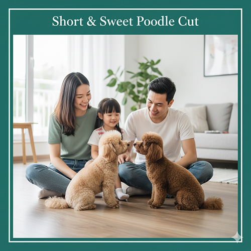 Gia đình Việt trẻ ôm chó Poodle kiểu Short & Sweet trong nhà.