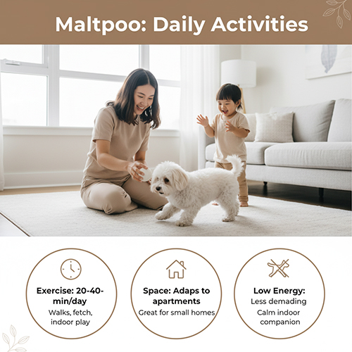 Sinh hoạt Maltipoo – Poodle lai Maltese: chỉ cần 20–40 phút vận động, dễ thích nghi căn hộ, năng lượng thấp phù hợp nuôi trong nhà