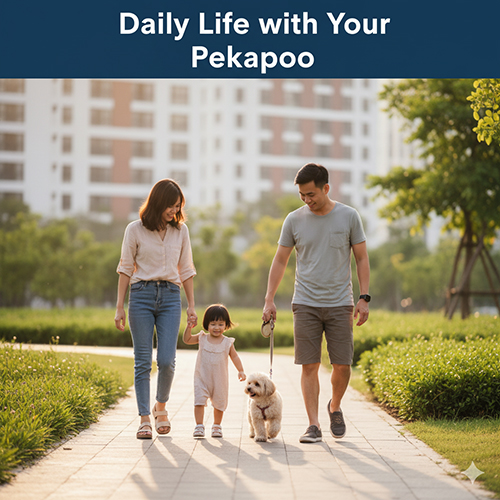 Sinh hoạt hàng ngày Pekapoo – Poodle lai Bắc Kinh: chỉ cần 20–30 phút đi dạo nhẹ, dễ thích nghi căn hộ, hợp với người bận rộn và người lớn tuổi