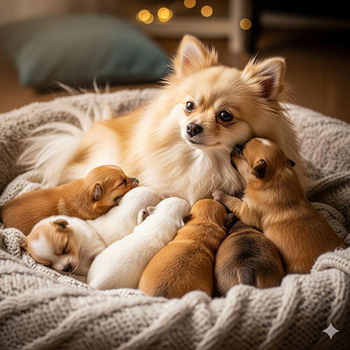 Chó Phốc Sóc mẹ đang chăm sóc đàn con nhỏ trong ổ ấm áp