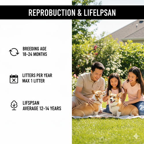 Sinh sản & tuổi thọ chó Corgi – phối giống từ 18–24 tháng, tối đa 1 lứa/năm, tuổi thọ trung bình 12–14 năm
