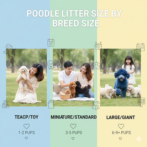 Số con mỗi lứa theo size Poodle – Teacup/Tiny 1–2 con, Toy/Mini 2–5 con, Standard 6–9 con trở lên
