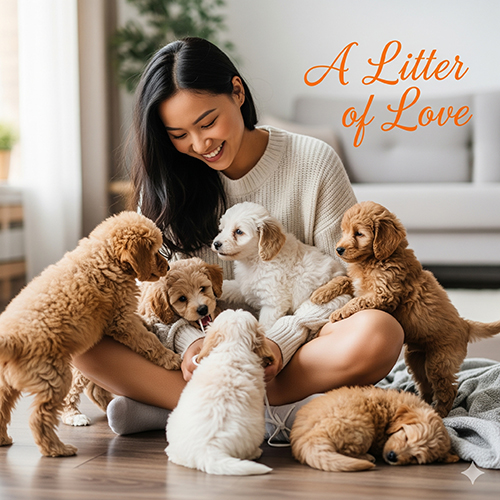 Cô gái ngồi chơi với đàn chó con Poodle nhiều màu, minh họa số con trung bình mỗi lứa sinh sản.