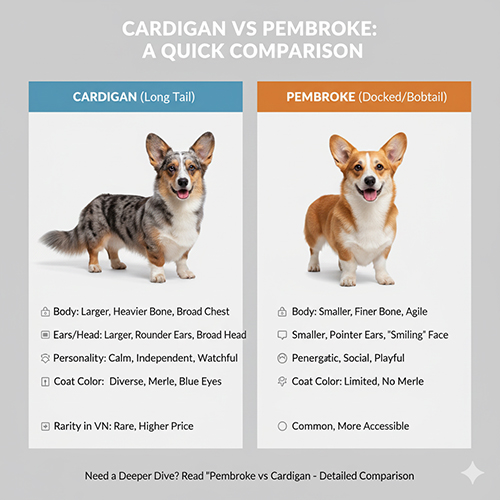 So sánh Cardigan Welsh Corgi đuôi dài và Pembroke Corgi: khác biệt về ngoại hình, tính cách, màu lông và độ phổ biến tại Việt Nam