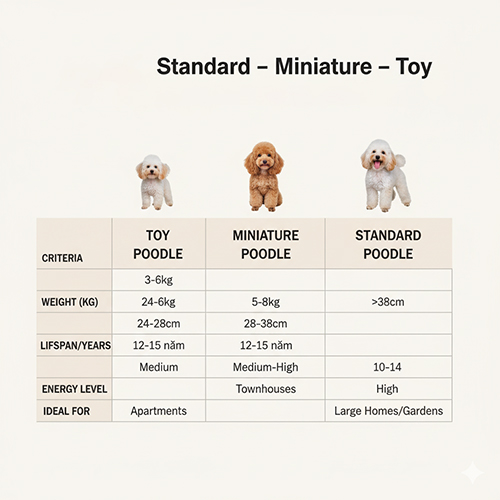 So sánh Standard, Miniature và Toy Poodle – cân nặng, chiều cao, tuổi thọ, mức năng lượng và môi trường sống phù hợp