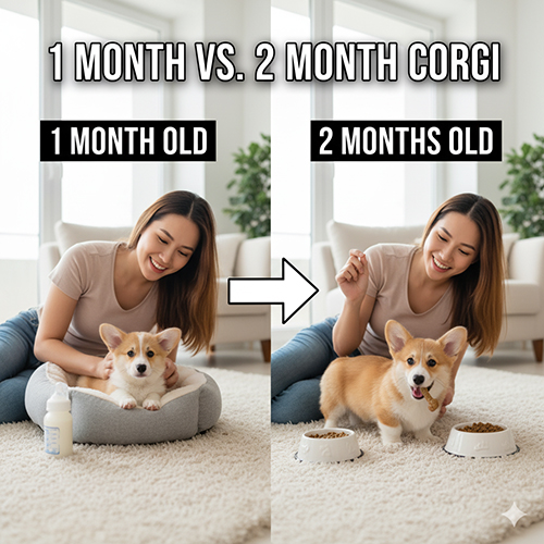So sánh Corgi 1 tháng và 2 tháng tuổi: 1 tháng còn bú sữa mẹ, sức đề kháng yếu; 2 tháng cai sữa, tiêm vaccine, ăn hạt và khỏe mạnh hơn.