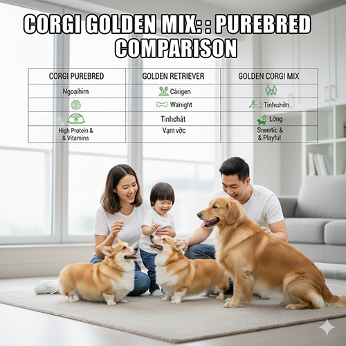 So sánh Golden Corgi với Corgi thuần và Golden Retriever thuần chủng