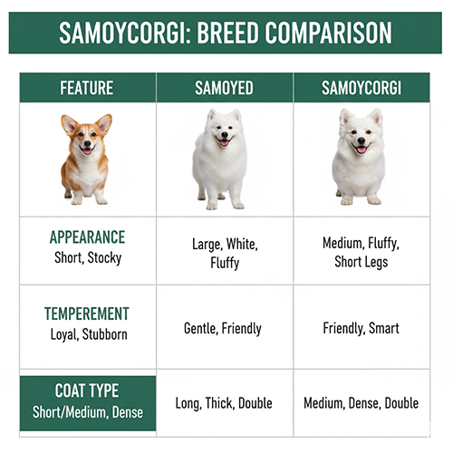So sánh Samoycorgi với Corgi và Samoyed thuần chủng