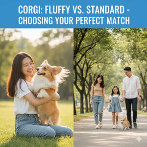 Corgi lông dài được ôm ngoài công viên và Corgi lông ngắn dạo phố cùng gia đình