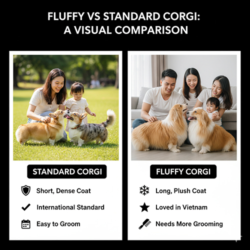 🐶 So sánh Corgi lông ngắn (Standard) và lông dài (Fluffy) – Khác biệt chi tiết về lông, chăm sóc và giá