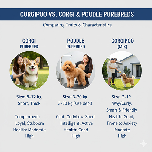 So sánh Corgipoo với Corgi & Poodle thuần – Ngoại hình, tính cách & sức khỏe