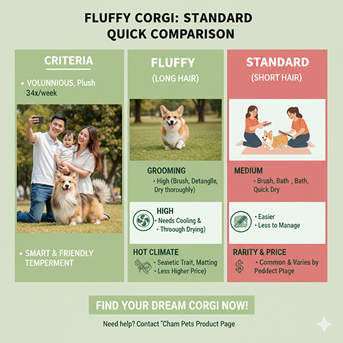 Bảng so sánh nhanh giữa Corgi Fluffy lông dài và Corgi Standard lông ngắn về ngoại hình, grooming, khí hậu, rụng lông và độ hiếm.