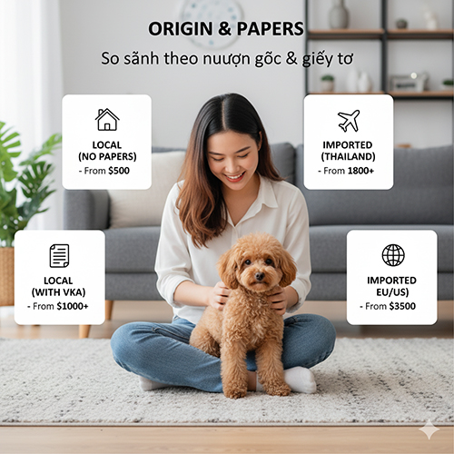 So sánh giá chó Poodle theo nguồn gốc và giấy tờ – nội địa, VKA, nhập khẩu Thái, EU/US