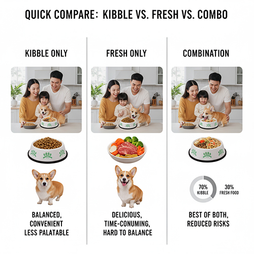 So sánh thức ăn hạt, đồ tươi và chế độ kết hợp cho chó Corgi