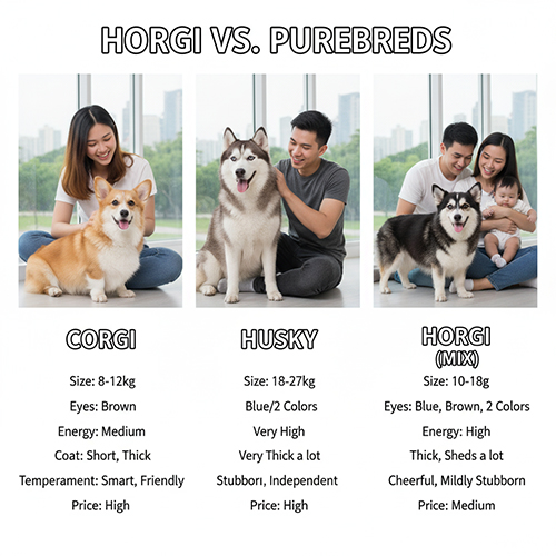 So sánh Horgi với Husky & Corgi thuần – kích thước, mắt, năng lượng, tính cách, giá trị