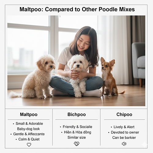 So sánh Maltipoo với Bichpoo và Chipoo – Maltipoo nhỏ nhắn, hiền lành, tình cảm, ít ồn hơn so với Chipoo và đáng yêu hơn Bichpoo