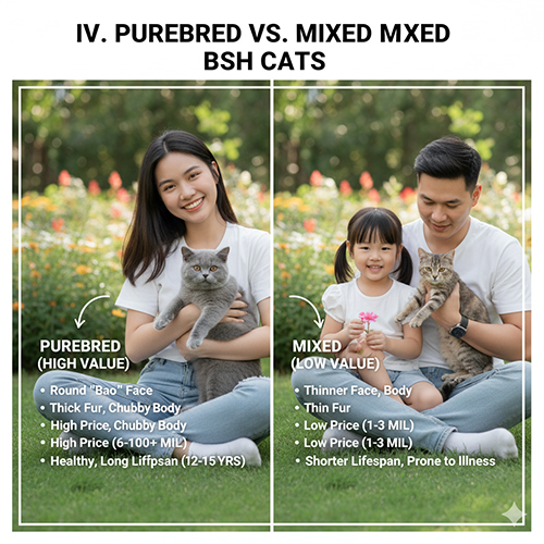 So sánh mèo Anh lông ngắn thuần chủng và mèo lai – hình trái mèo thuần má bánh bao, thân mập; hình phải mèo lai thân gầy, mặt nhỏ.